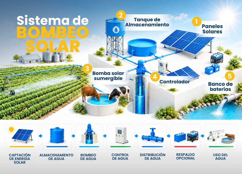 Infografía Sistemas de Bombeo Solar: paneles solares, tanque de almacenamiento, bomba solar sumergible, controlador, distribución del agua y respaldo opcional con baterías o generador