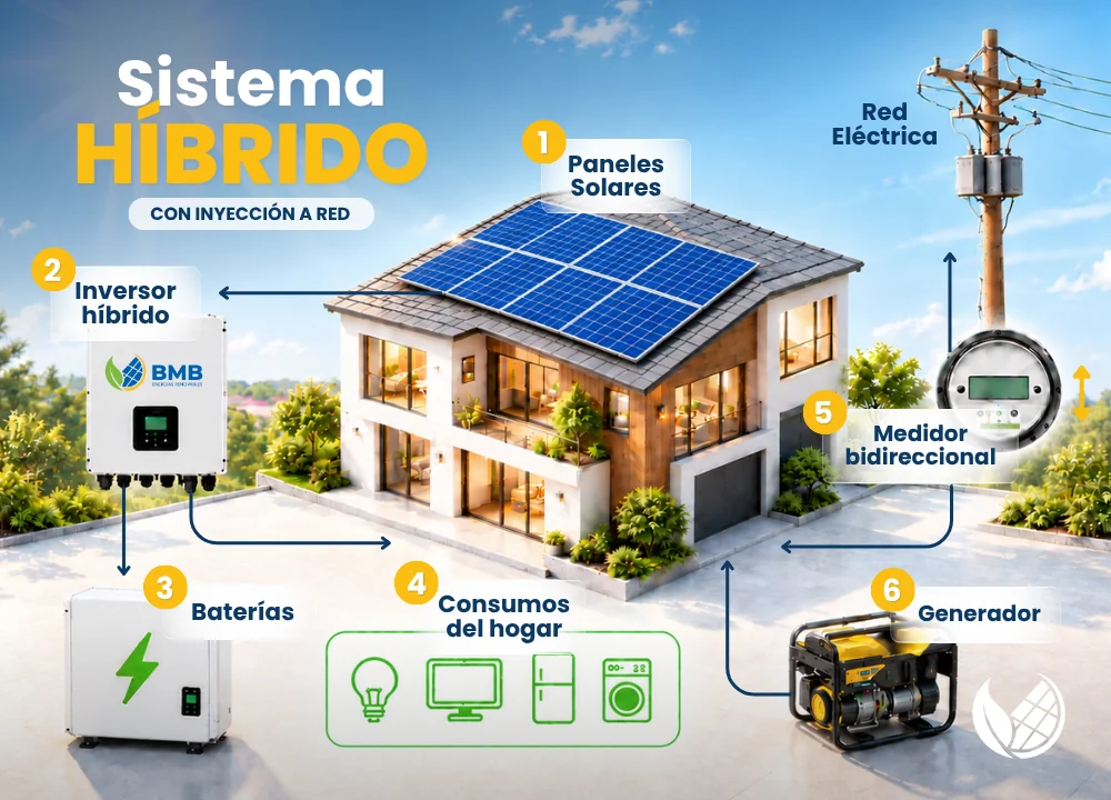 Infografía Sistema Híbrido con inyección a red: paneles solares, inversor híbrido, baterías, consumos del hogar, medidor bidireccional, red eléctrica y generador de respaldo opcional