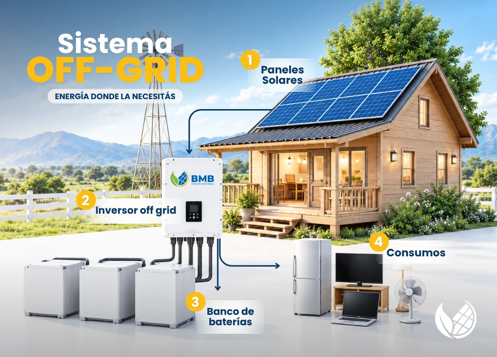 Infografía Sistema Off-Grid: paneles solares, inversor, banco de baterías y consumos del hogar en un sistema autónomo sin conexión a la red