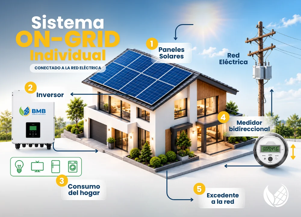 Infografía Sistema On-Grid: paneles solares, inversor, consumo del hogar, medidor bidireccional y excedente inyectado a la red eléctrica